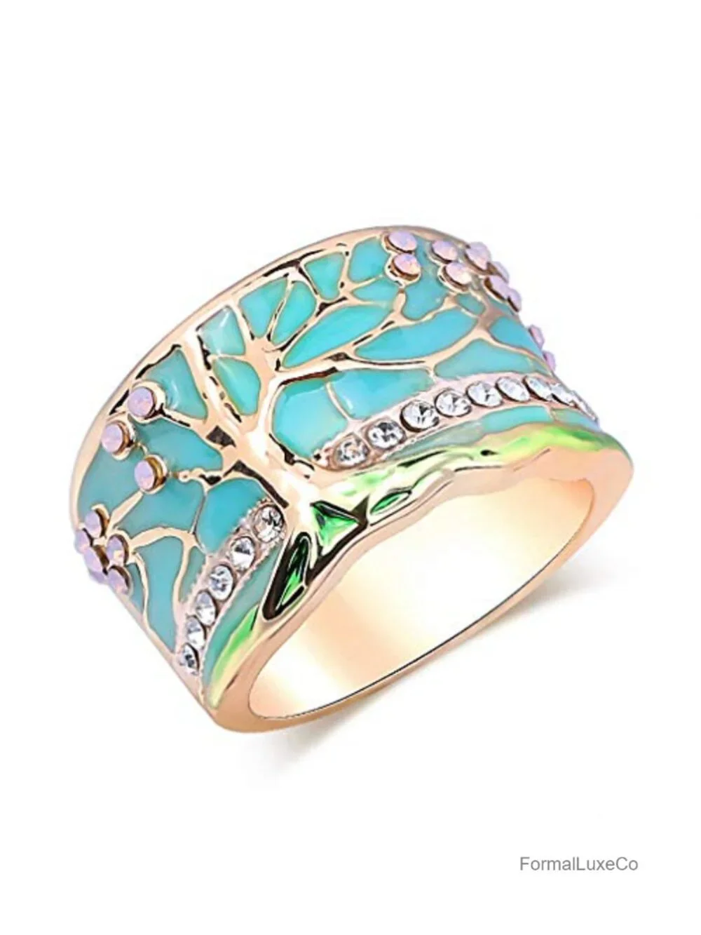 Tree of Life Ring with Pink Flower Opal Enamel Wide Band Vintage